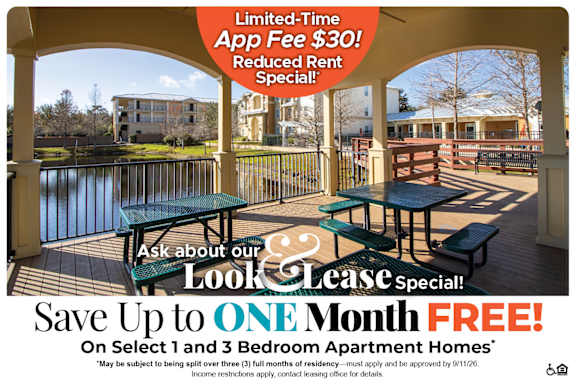 A promotional image for a limited-time app fee discount and move-in costs for apartment homes.