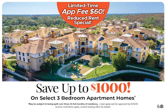 A promotional image for a limited-time app fee of $60 and a reduced rent special for select 3 bedroom apartment homes.