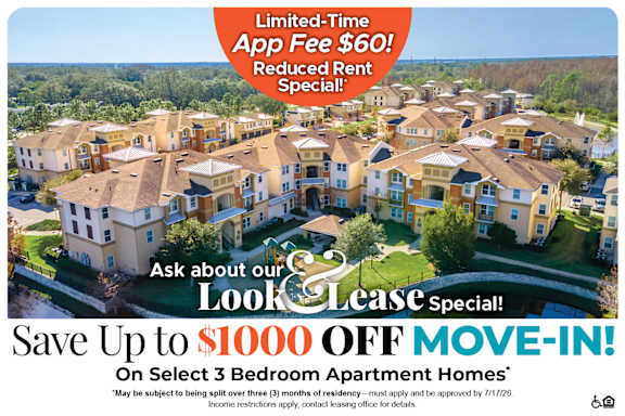 A promotional image for a limited-time app fee of $60 and a reduced rent special for select 3 bedroom apartment homes.