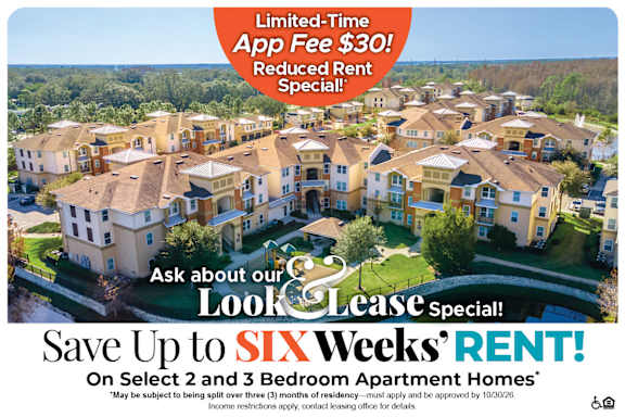 A promotional image for a limited-time app fee of $60 and a reduced rent special for select 3 bedroom apartment homes.