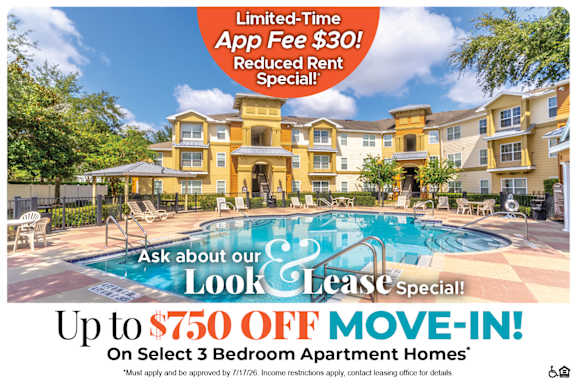 An apartment complex is advertising a limited-time app fee reduction and a free month on select 3 bedroom apartments.