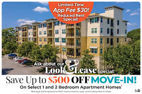 A promotional image for a lease special offering up to $500 off on select apartment homes.