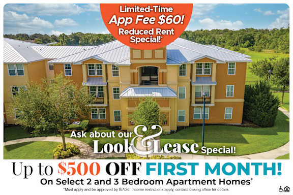 A large apartment complex advertises a limited-time app fee reduction and up to $500 off move-in costs for select 3 bedroom apartments.