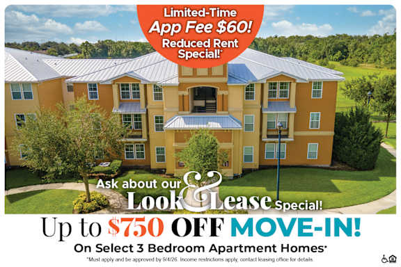 A large apartment complex advertises a limited-time app fee reduction and up to $500 off move-in costs for select 3 bedroom apartments.