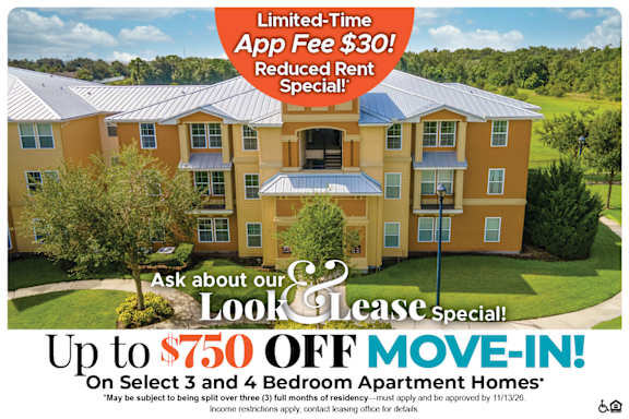 A large apartment complex advertises a limited-time app fee reduction and up to $500 off move-in costs for select 3 bedroom apartments.