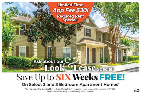 A housing advertisement offering a limited-time app fee discount and a rent special.