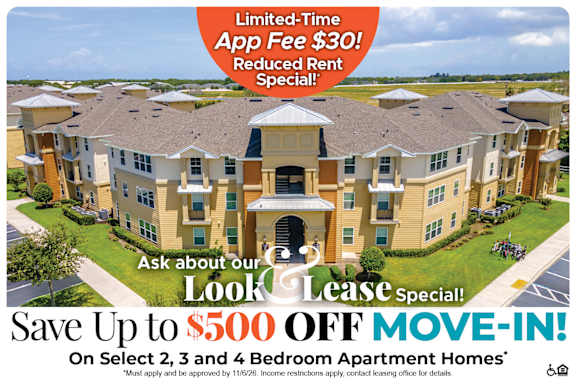 A promotional image for a limited-time app fee special and a look-and-lease special offering up to $500 off move-in for select apartment homes.