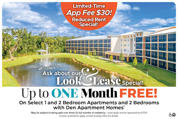 A promotional image for a limited-time app fee offer and a free lease special for select apartment options.