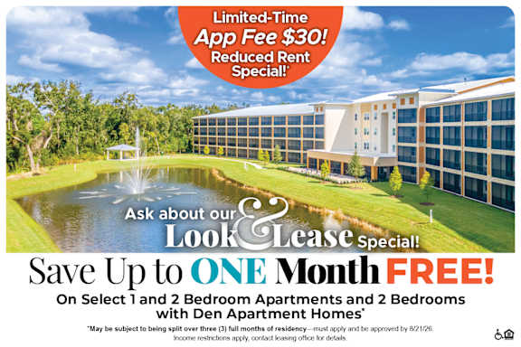 A promotional image for a lease special offering up to one month free on select 2 bedroom with den apartment homes.