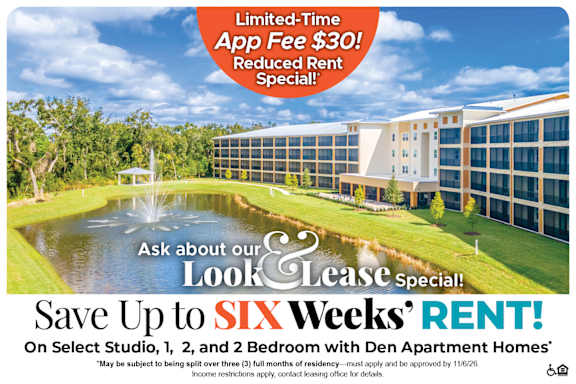 A promotional image for a lease special offering up to six weeks free on select apartment homes.