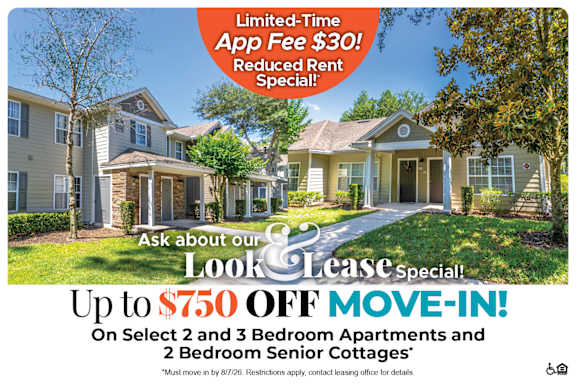 A promotional image for a limited-time app fee of $30 and a reduced rent special offering up to one month free on select 2 bedroom apartment homes and 2 bedroom senior cottages.