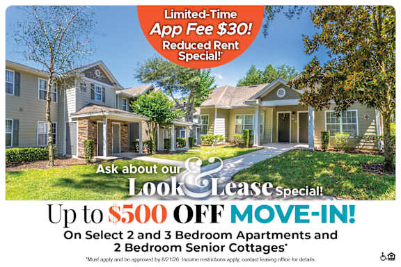 A promotional image for a limited-time app fee reduction and a move-in special for select 2 and 3 bedroom apartments and 2 bedroom senior cottages.