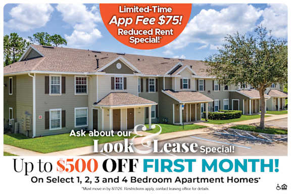 A promotional image for a limited-time app fee reduction and a discount on the first month's rent for select 2 bedroom apartment homes.