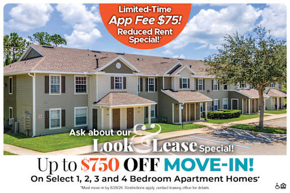 A promotional image for a limited-time app fee reduction and a discount on the first month's rent for select 2 bedroom apartment homes.