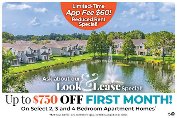A promotional image for a leasing special offering up to $750 off the first month on select 2, 3, and 4 bedroom apartment homes.