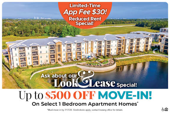 A promotional image for a limited-time app fee of $30 and up to $500 off move-in costs for select 1 and 2 bedroom apartment homes.