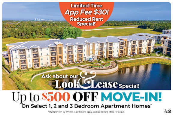 A promotional image for a limited-time app fee of $30 and up to $500 off move-in costs for select 1 and 2 bedroom apartment homes.