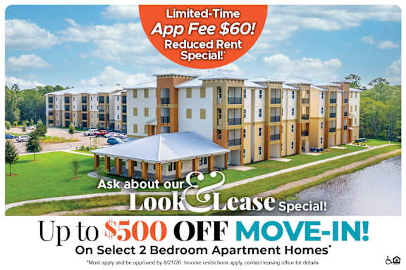 A promotional image for a lease special offering up to $500 off on select 2 bedroom apartment homes.