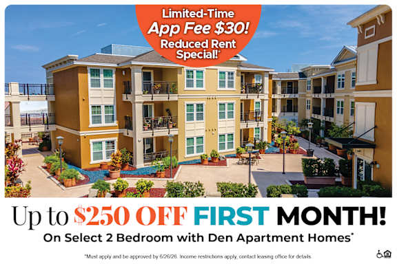 An advertisement for Den Apartment Homes offering a $250 discount on the first month's rent for select 2 bedroom apartments.