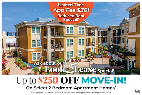 An advertisement for a limited-time app fee reduction and move-in special for apartment homes.