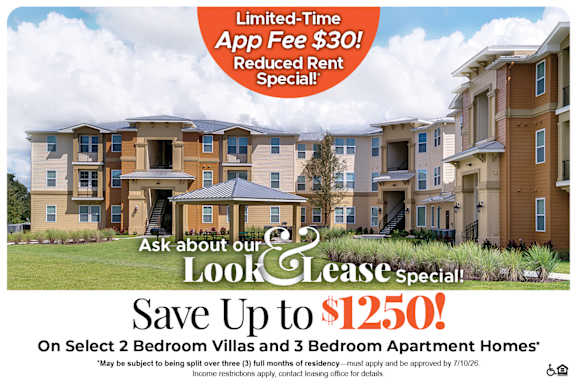 A promotional image for apartment homes with a limited-time app fee discount and a move-in special.