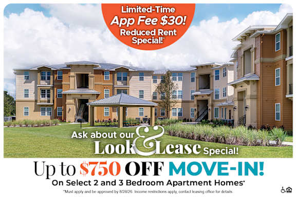 A housing advertisement offering a $750 off move-in special for select 2 and 3 bedroom apartment homes.