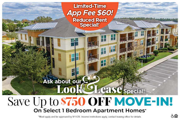 An advertisement for a lease special offering up to $500 off on select 1 bedroom apartment homes.