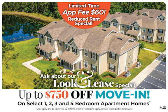 An advertisement for a limited-time app fee reduction and move-in special for select bedroom apartment homes.