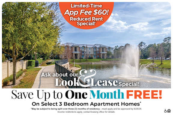 A promotional image for a lease special offering a free month and a $60 app fee.