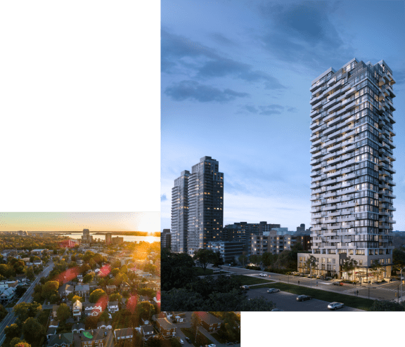 a rendering of a tall building and a view of a city