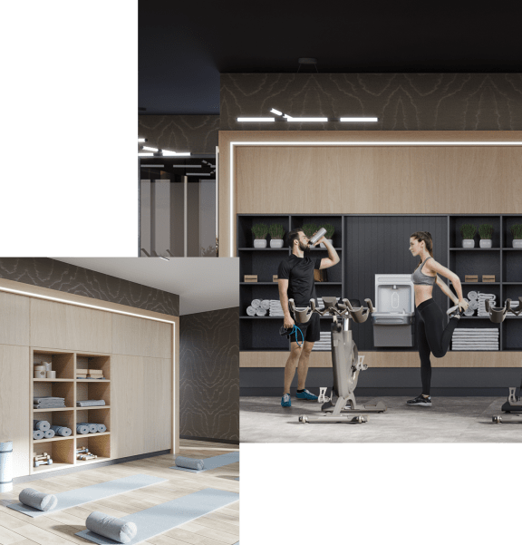 a man and woman exercising in a gym and a woman working on an exercise bike