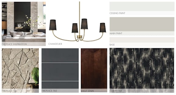 A collection of images showcasing different home decor options including a chandelier, paint colors, and textures.