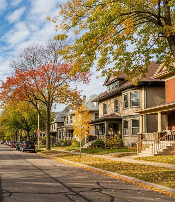 A tree with red leaves is in the middle of a street.