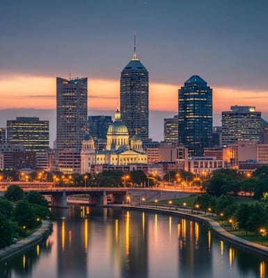 A city skyline at dusk with a river in the foreground.