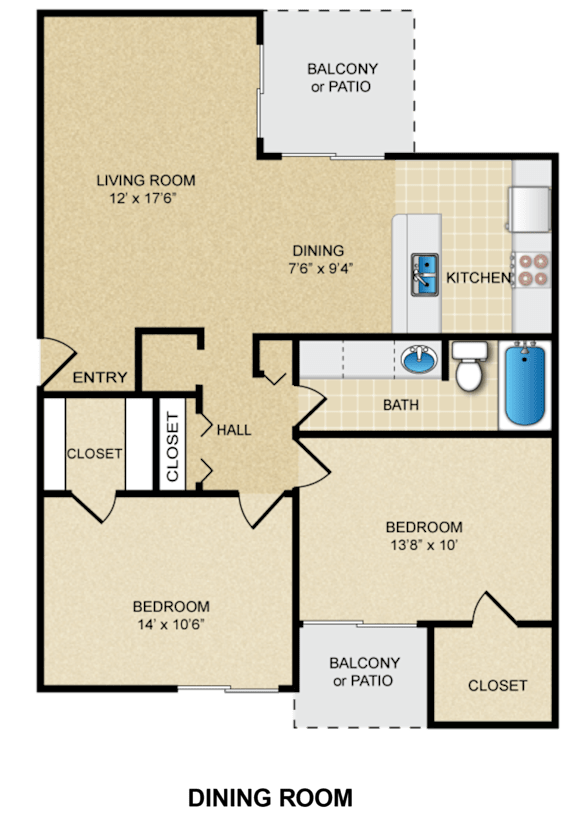 2 Bedroom, 1 Bath Floorplan at Bremerton Park Apartment Homes , Prairie Village, KS, 66204