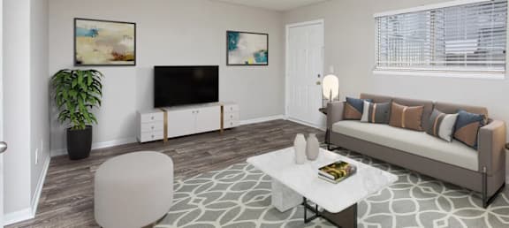 A living room with a couch, a television, and a potted plant.