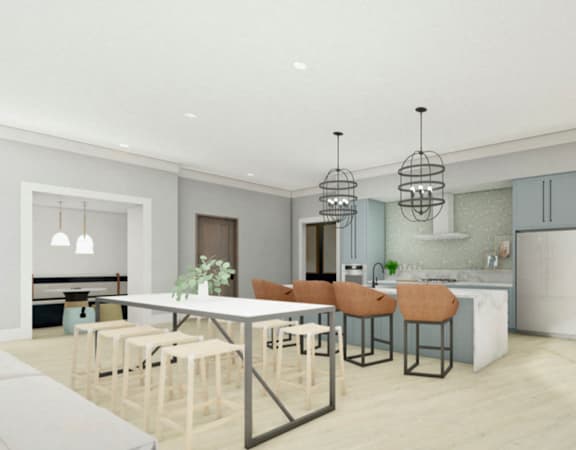 a rendering of a kitchen and dining room with a table and chairs a t VALE Lake WylieApartments, Clover , 29710