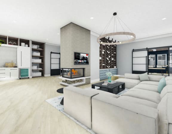 a living room with a large couch and a fireplace at VALE Lake Wylie Apartments, Clover , South Carolina