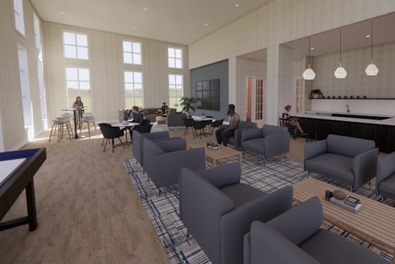 a rendering of a large living room with couches and tables