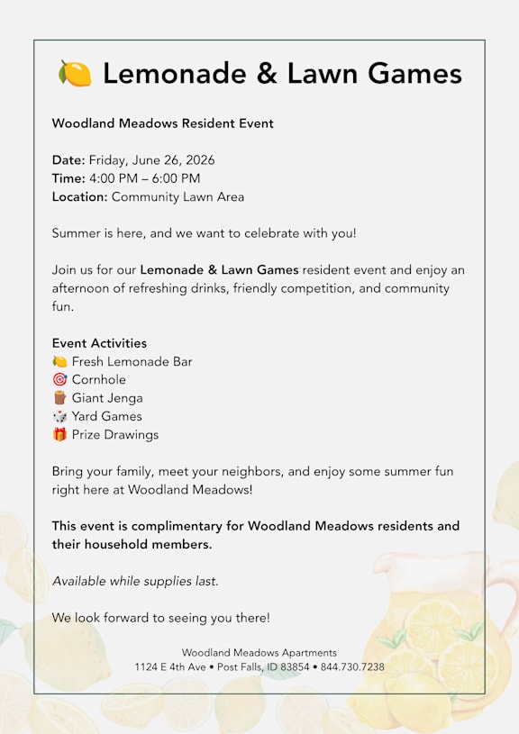 A poster advertises the Lemonade & Lawn Games event at Woodland Meadows.