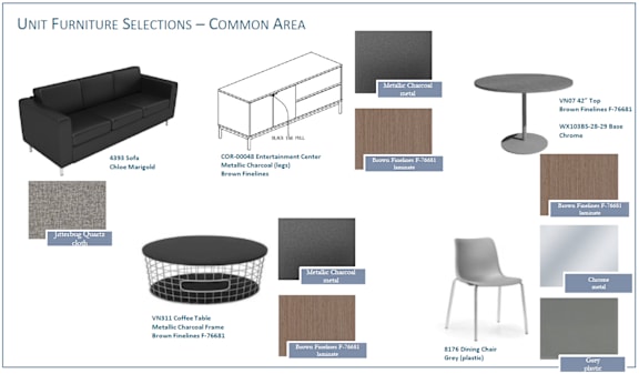 A collection of furniture items including a sofa, coffee table, and chairs are displayed.
