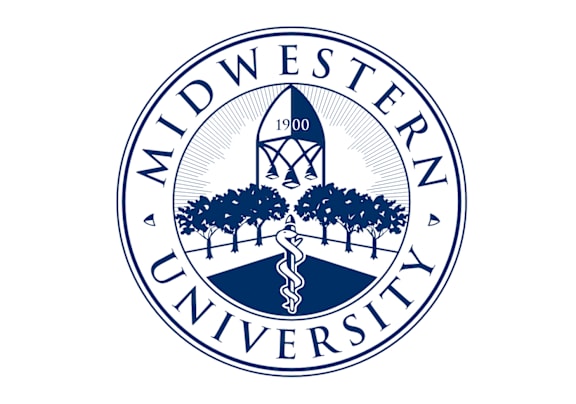 The image is a logo of Midwestern University, featuring a tree, a building, and a DNA helix.