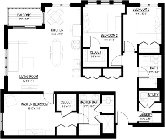 3 Bed 2 Bath Z Floor Plan at Courthouse Square Apartments, Illinois, 60187
