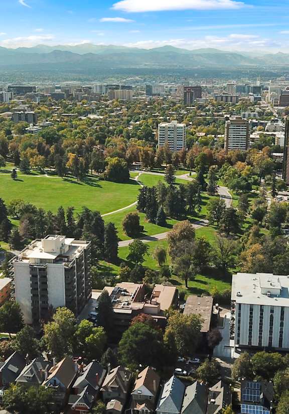 A cityscape with a mix of residential and commercial buildings, surrounded by trees and a clear sky.