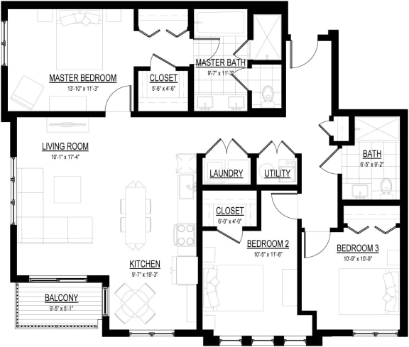 Floor Plan  3 Bed 2 Bath Y Floor Plan at Courthouse Square Apartments, Wheaton, IL, 60187