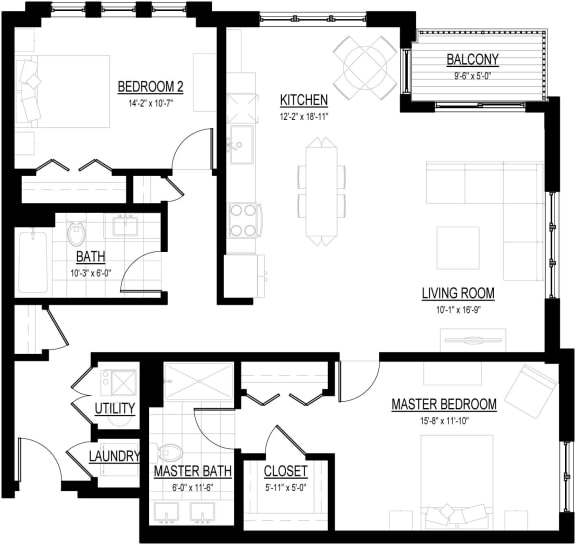2 Bed 2 Bath W Floor Plan 2 Bed 2 Bath W Floor Plan at Courthouse Square Apartments, Wheaton, 60187