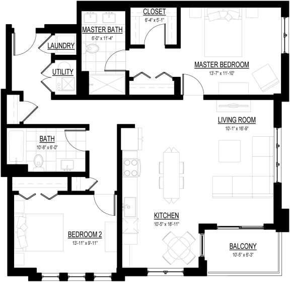 2 Bed 2 Bath V Floor Plan at Courthouse Square Apartments, Wheaton, Illinois