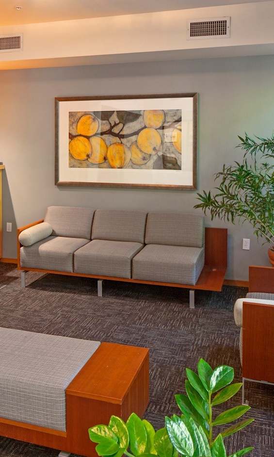 A living room with a grey sofa and a fireplace.
