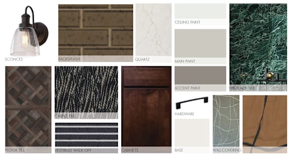 A collection of home decor items including paint, tiles, and hardware.
