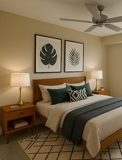 A bedroom with a bed, chair, and a ceiling fan.